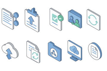 Data management icon set, cloud, upload, download in modern 3d style