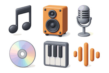 Music icons set featuring speaker, microphone, and musical notes