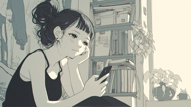 レトロポップな配色が魅力のアニメ風イラスト、若い女性がスマートフォンを操作するリラックスした日常シーン、植物や本に囲まれたおしゃれな部屋で過ごす午後の雰囲気