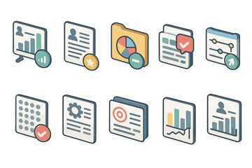 Data, analytics, and document icon set in 3d style for business applications