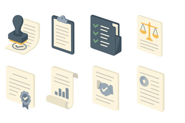 Business document icon set. flat style for reports, contracts, files, and stamps
