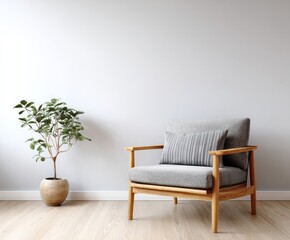 Fototapeta premium A light-filled room features a simple wooden armchair and a potted plant, creating a peaceful and relaxing atmosphere.