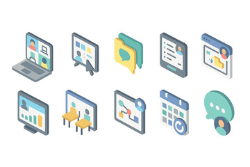 Communication and collaboration 3d icon set featuring chat, devices, and teamwork