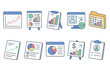 Business analytics outline icon set. data, charts, and reports for financial insights