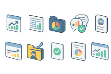 Business and analytics linear icon set. data, chart, graph, report, folder, communication