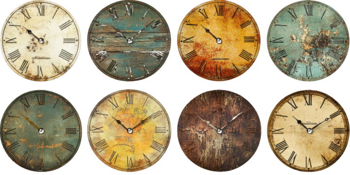 Eight Vintage Clock Faces with Roman Numerals and Weathered Textures antique time isolated on a transparent background