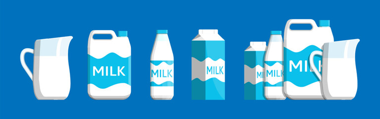 Milk products set. Pack container, bottle, pitcher carton box with milk. Dairy food collection. Healthy nutrition for grocery store.
