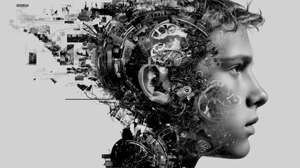 Conceptual portrait of teenager with mechanical gears and abstract technology inside head, symbolizing AI, innovation, ADHD, neurodiversity, psychology, learning, imagination and future intelligence.