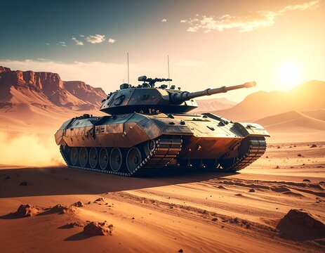 Military tank in desert landscape at sunset