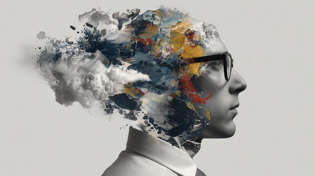 Abstract portrait of man with exploding head symbolizing ADHD, neurodiversity, mental health, stress and creativity, concept of psychology, workplace diversity and innovative thinking in modern life. - Powered by Adobe