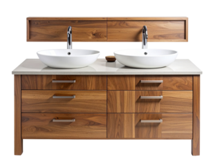  Modern Wooden Double Vanity with Twin Sinks and Minimalist Drawers, Front View, Isolated PNG