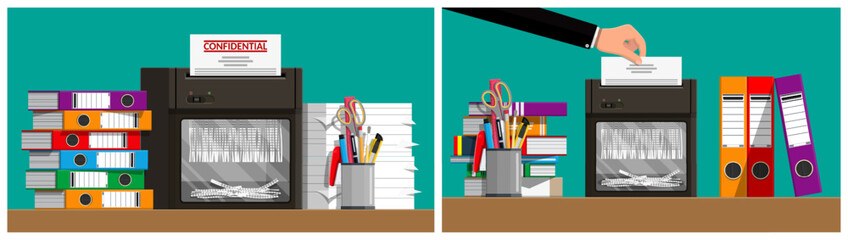 Paper shredder with confidential document and hand putting paper in shredder. Office and business document destruction concept.