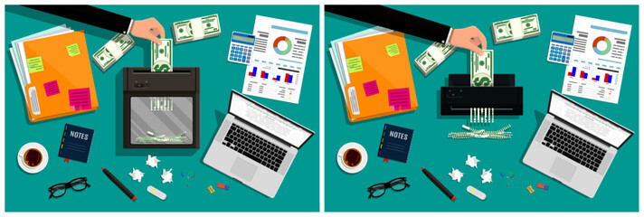 Man shredding money on a desktop showing financial data. Concept of financial waste optimization or fraud.