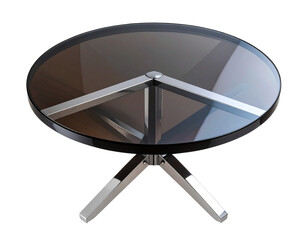 Round Black Glass Coffee Table with Crossed Chrome Base, Top-Down View, Isolated