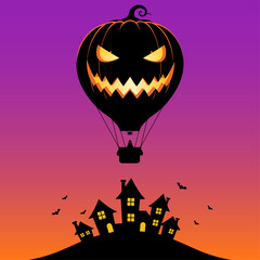 Spooky Halloween Jack-o'-Lantern Hot Air Balloon over Haunted Village