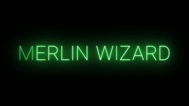 Flickering neon green merlin wizard sign animated on black background.
