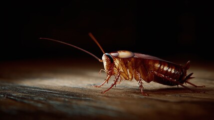 Close-up of a cockroach on a wooden surface. The insect is in focus against a dark background, highlighting its detailed features.