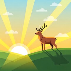 Deer Sunrise Meadow Landscape.
