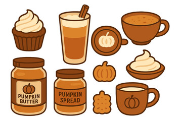 Obraz premium Autumn treats filled icon set. pumpkin spice, dessert, cozy food icons filled collection