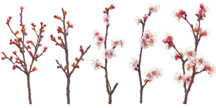 Five flowering branches with white and pink blossoms and buds isolated on a transparent background - Powered by Adobe