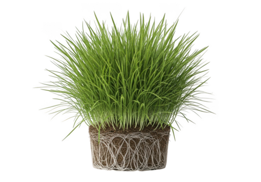 Fresh green wheatgrass plant with visible roots on a dark surface transparent background