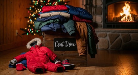 Winter coats and clothing for donation near a Christmas tree and fireplace, concept for charitable coat drive.