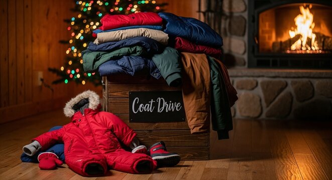 Winter coats and clothing for donation near a Christmas tree and fireplace, concept for charitable coat drive.