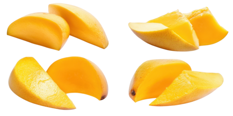 Four Arrangements of Sliced Ripe Mango Pieces slices fruit isolated on a transparent background
