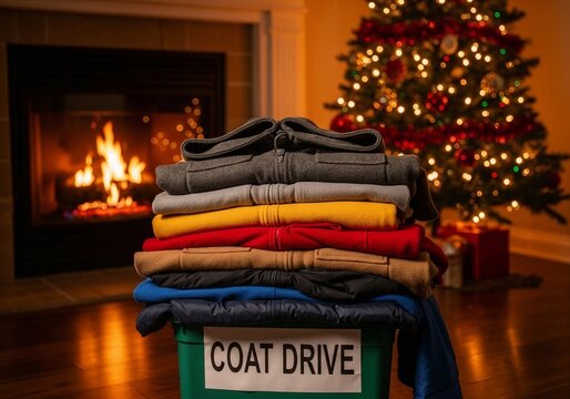 Stack of colorful coats on a donation box with 'coat drive' sign. Holiday charity for warm clothing. Cozy Christmas season. - Powered by Adobe