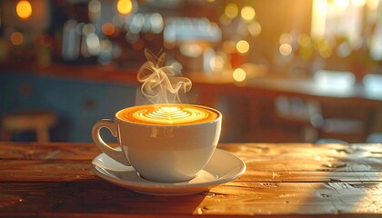 Hot Coffee Cup with Steam on a Wooden Table