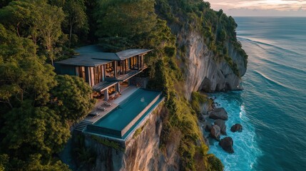 Naklejka premium a luxurious cliffside villa with an infinity pool, drone shot from above showing steep cliffs and endless blue ocean below, surrounded by lush tropical greenery, golden hour 