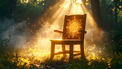 Enchanted wooden chair glowing with intricate runes, surrounded by soft mist and sparkling dust, radiating magical aura in a forest clearing