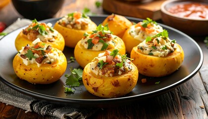Baked stuffed potatoes on dark plate