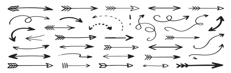 Set of hand drawn black arrows various styles vector illustration