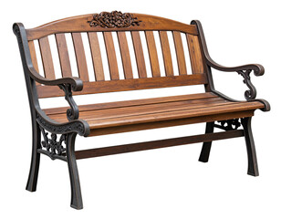 Angled Wooden Bench with Carved Backrest and Faded Grain, Quiet Farmhouse Style, Isolated PNG