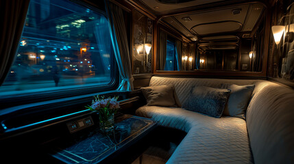 Obraz premium Inside a European luxury sleeper train at night, dim ambient light, elegant interior, city lights through the windows, realistic travel photography