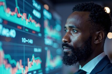 Analyzing Financial Business Analytics Data with Futuristic AI Technology: A Stylish African American Man with a Well-Groomed Beard