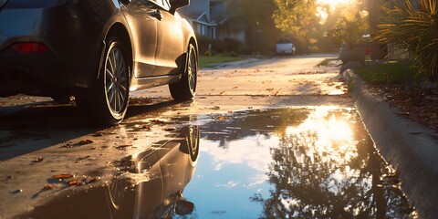 car parked in driveway with visible oil leak reflecting in puddle. sunlight creates serene atmosphere, highlighting details of vehicle and surroundings.