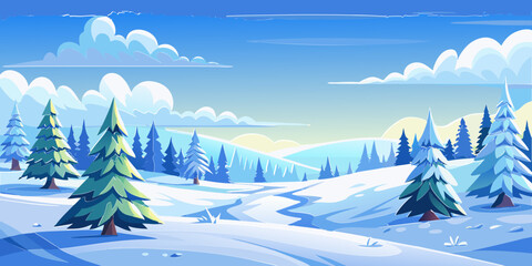 Fototapeta premium vector graphics, landscape, sky, clouds, forest, mountains, stream, snow, ice, trees, bushes, pine needles, thawed patches, snowdrifts, fjords, meadows, glades, wind, freshness
