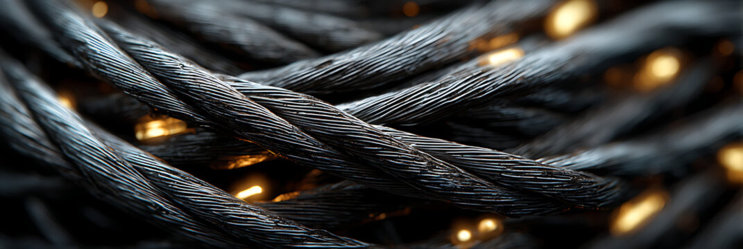 A detailed close-up of thick, dark braided ropes, interwoven with strands of warm, glowing light, creating an abstract and intriguing interplay of texture and illumination.
