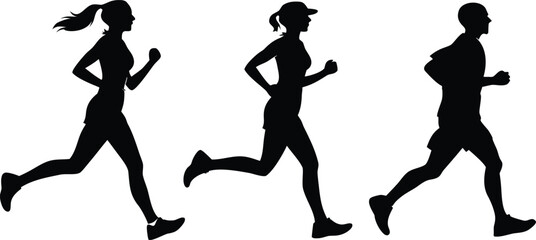 Running man and woman silhouettes vector set illustration. Male and female runners figure shapes vector.