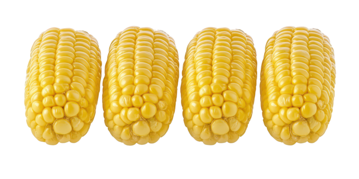 Four Ripe Yellow Corn Cobs Lined Up maize food isolated on a transparent background - Powered by Adobe