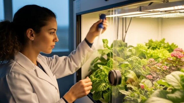 Scientist Cultivating Plants in Controlled Environment:  Innovative Vertical Farming Technology