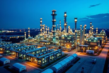 Fototapeta premium Twilight Scene: Oil Refinery and Petrochemical Plant in Aerial View, Highlighting Complex Machinery and Glowing Pipes at Dusk.