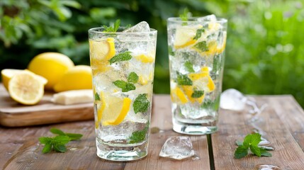 Refreshing lemonade with ice cubes, mint leaves, and lemon slices on wooden outdoor table, high-resolution summer lifestyle photo