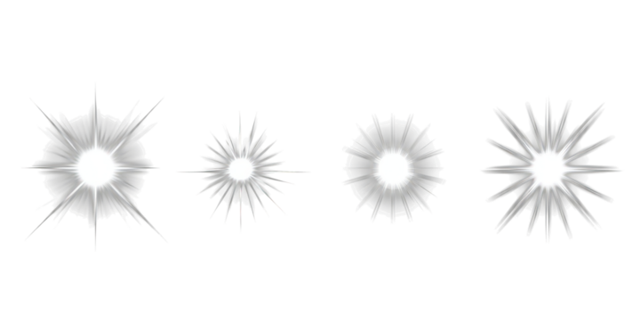 Four White Starburst Lens Flares with Radial Light Streaks on Black light burst glow isolated on a transparent background