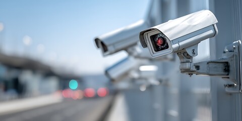 close up of several security cameras mounted on modern fence, showcasing their sleek design and functionality. These cameras enhance safety and surveillance in area.