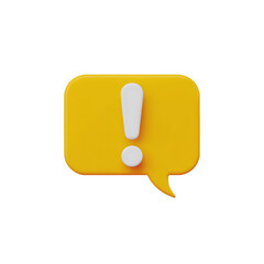 Yellow speech bubble with exclamation point conveys important message, alert or warning in a 3D rendering