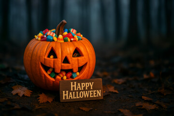 Halloween pumpkin with candy and a cheerful sign displayed