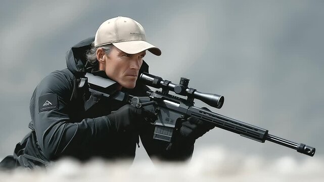 A shooter aims at a moving target in an advanced range with tracks whirring clay pigeons launching dust swirling and a coach shouting tips depicted in a dynamic photo with